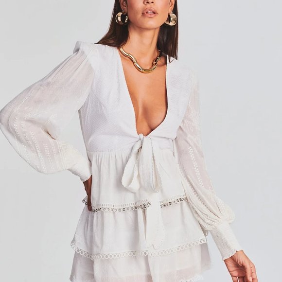 NWT HEMANT AND NANDITA Veda Quilted Mini Dress in Off White Tiered - Picture 3 of 3